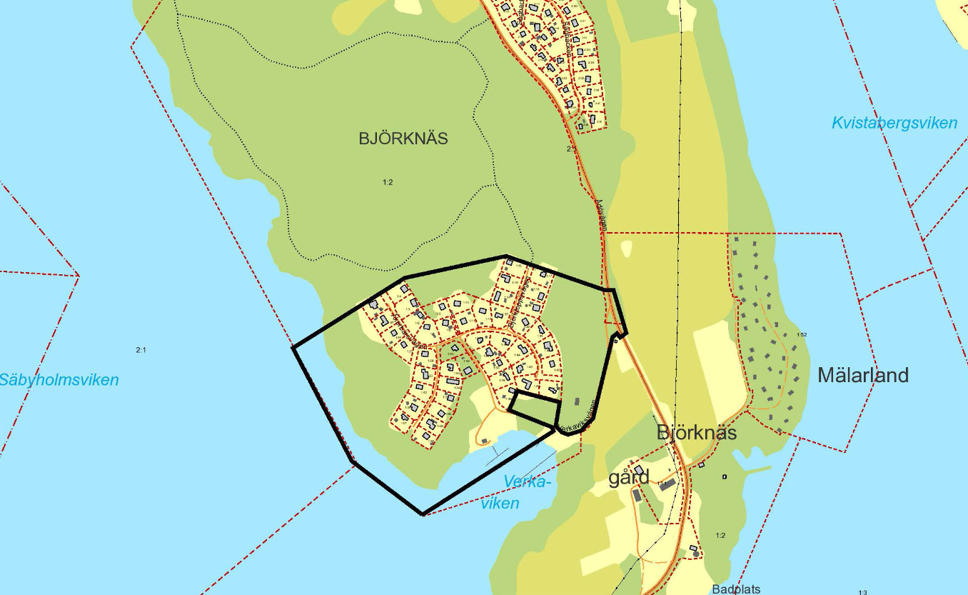 Karta över Björknäs och Verkaviken. 