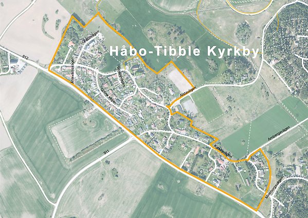 Karta med gul markering för området Håbo-Tibble Kyrkby
