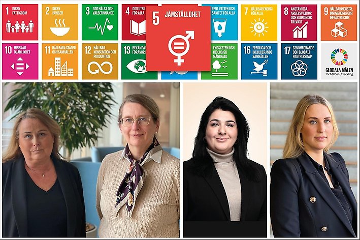 Illustration av FN:s globala hållbarhetsmål samt fyra kvinnor.