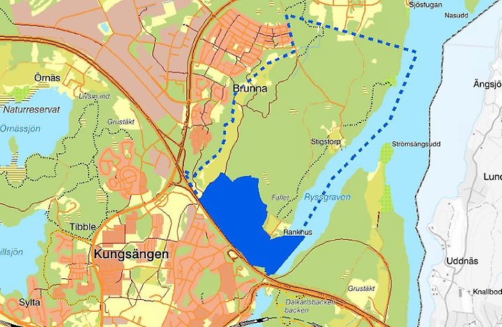Karta med etapp 1 blåmarkerad. Övriga planområdet ligger inom streckad blå linje.