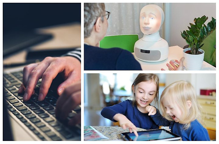 Bildkollage. Händer på tangentbord, robot i samtal med människa och skrattande barn med läsplatta