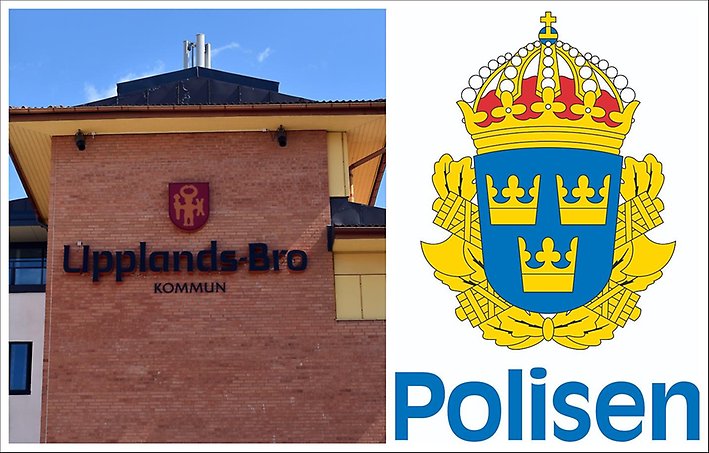 Bildkollage: Kommunhuset till vänster, Polisens logotyp till höger.