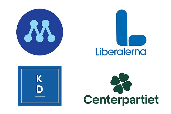 Foto på de fyra partierna M,L,KD och C´s logotyper