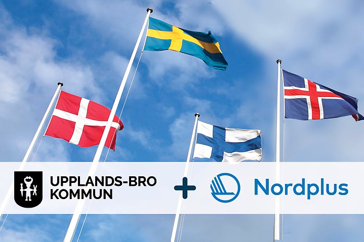 Foto på flaggorna från Sverige, Danmark, Finland och Island med Upplands-Bro kommuns logga och Nordplus logga.