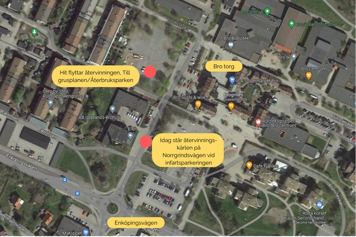 En kartbild som visar nuvarande plats för återvinningsstationen i Bro centrum, samt den nya placeringen vid Återbruksparken i Bro.