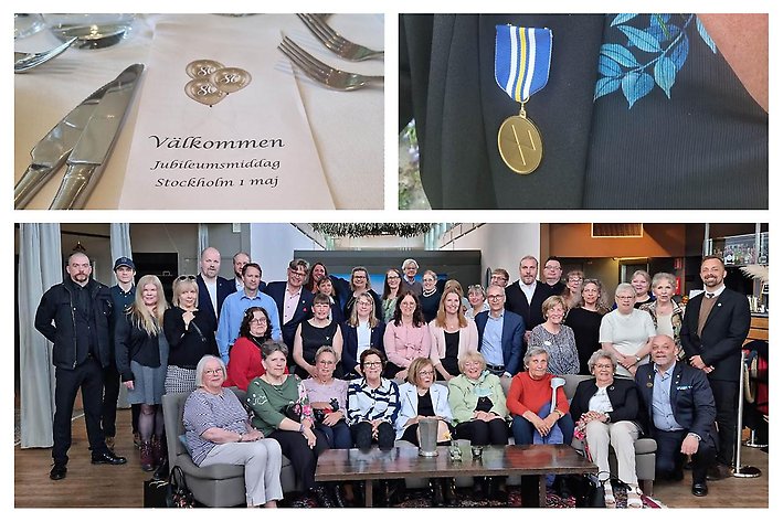 Gruppbild av Bilkåren som firar 80 år och belönar Ida Texell, kommundirektör i Upplands-Bro, med en förtjänstmedalj.