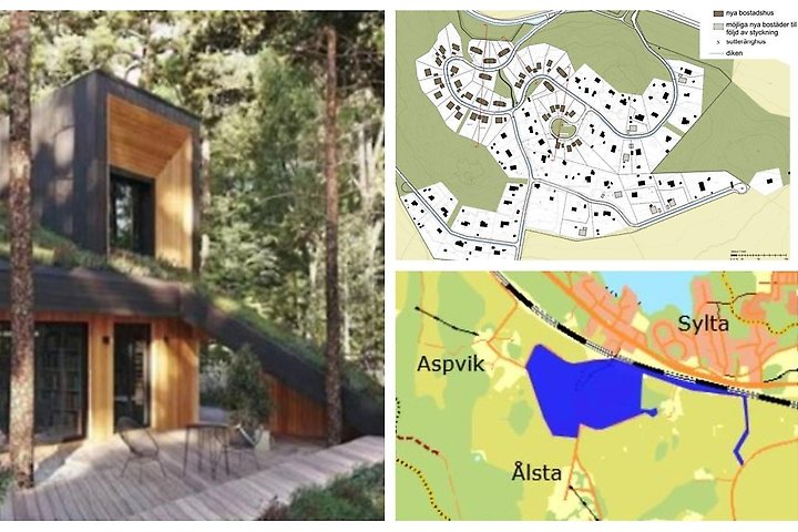 Kollage med hus i skogen och kartbilder. 