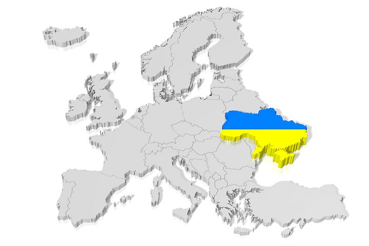 Illustrerad europakarta med Ukraina markerat. 
